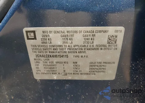 2017 Chevrolet Equinox Lt из США, поврежденный, VIN 2GNALCEK4H6154115